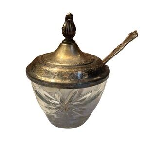 Vintage Clear Cut Starburst Glass Sugar Bowl with Silver Plate Lid and Spoon